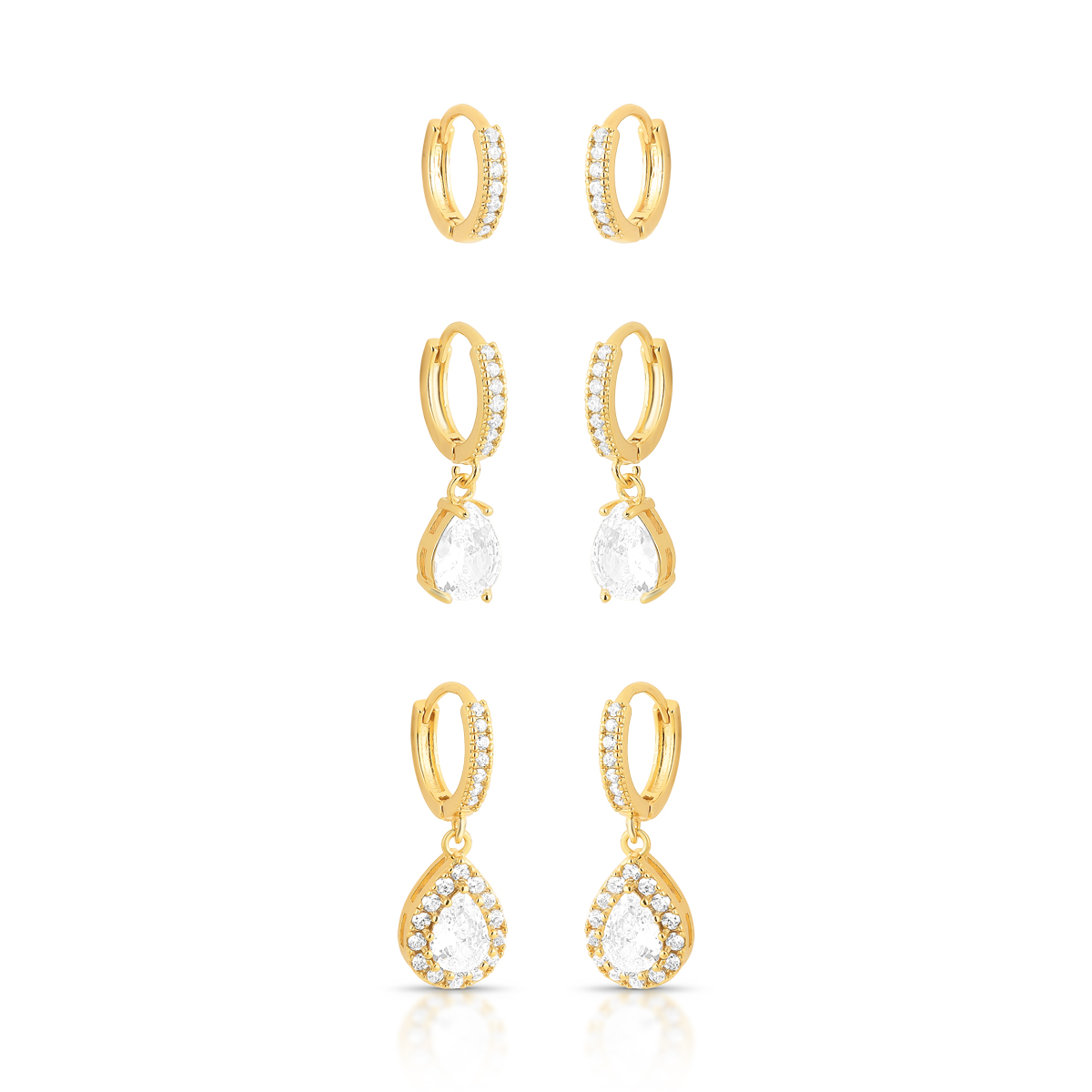 BRINCO TRIO PEDRA GOTA + 1 COLUNA ZIRCONIA CONTORNO LATERAL VAZADO