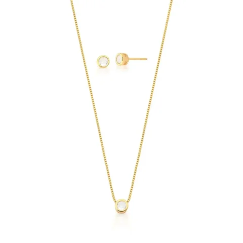 conjunto brinco e colar com pingente redondo banhado a ouro