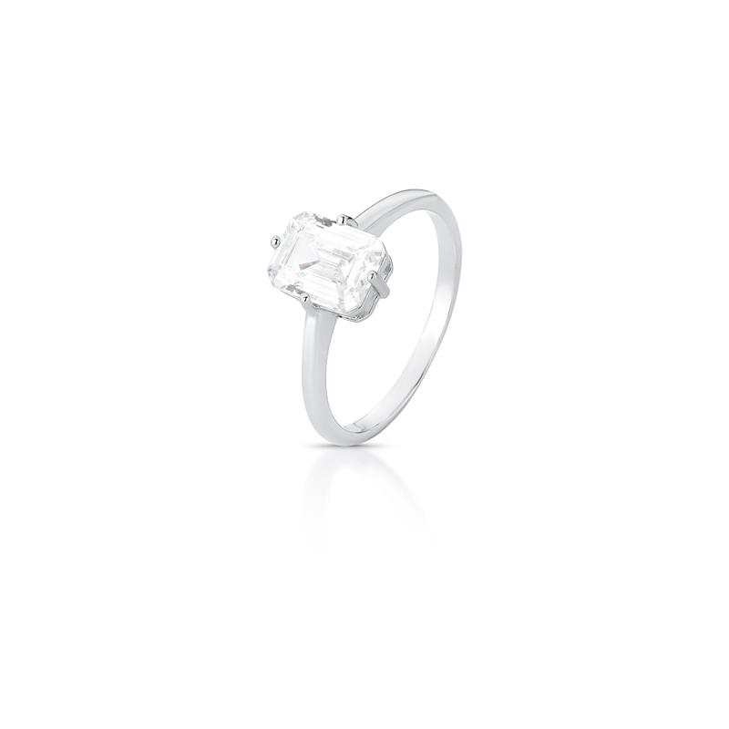 Anel com Cristal Retangular Prata Rodinada Prateado