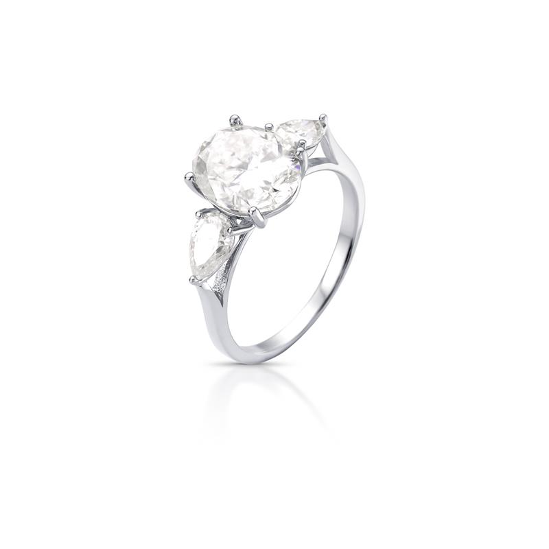 Anel com Pedras Moissanite de Gota e Oval Prata 8X10Mm Rodinada Prateado