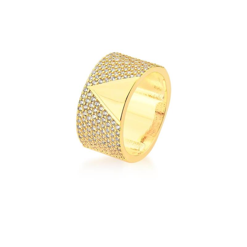Anel com Triângulo Liso e Zircônias Brancas Banhado a Ouro