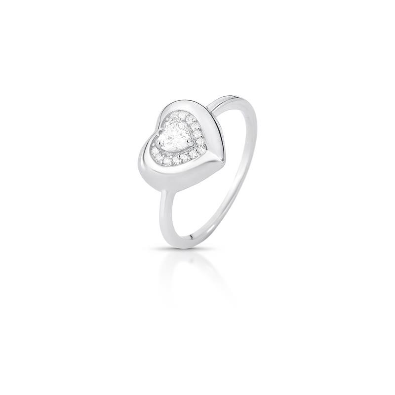 Anel de Coração com Cristal e Zircônias Prata Rodinada Prateado Incolor