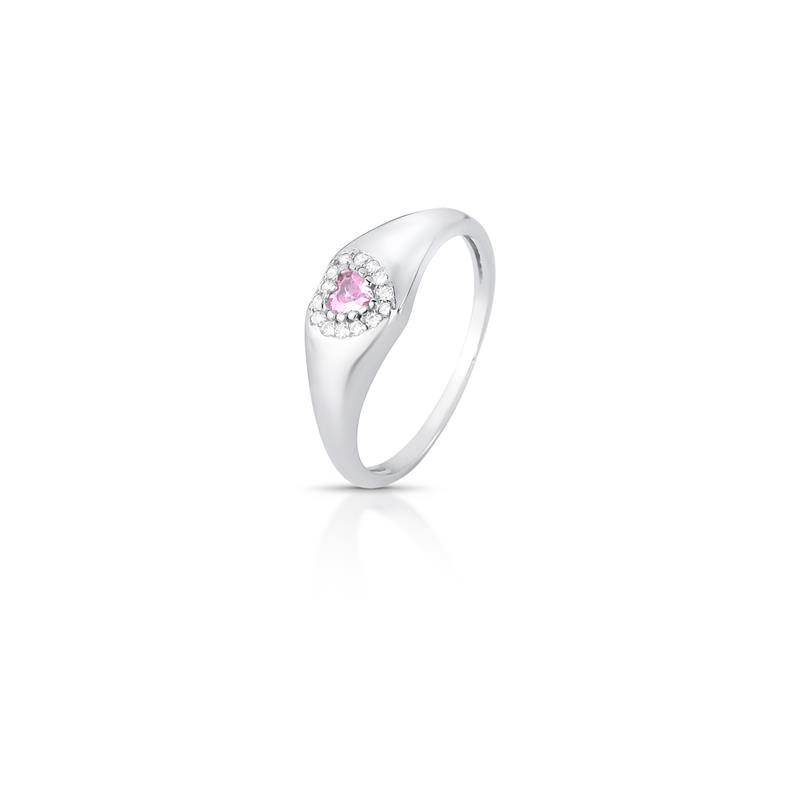 Anel de Coração com Cristal e Zircônias Prata Rodinada Prateado Rosa Claro