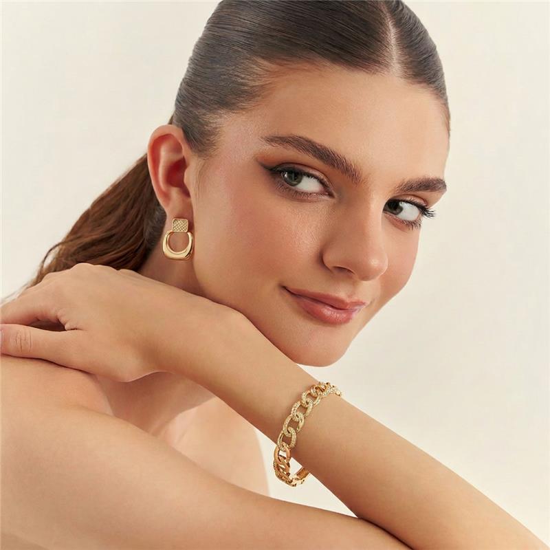 Bracelete com Elos Groumet e Zircônias Brancas Banhado a Ouro - Imagem 2