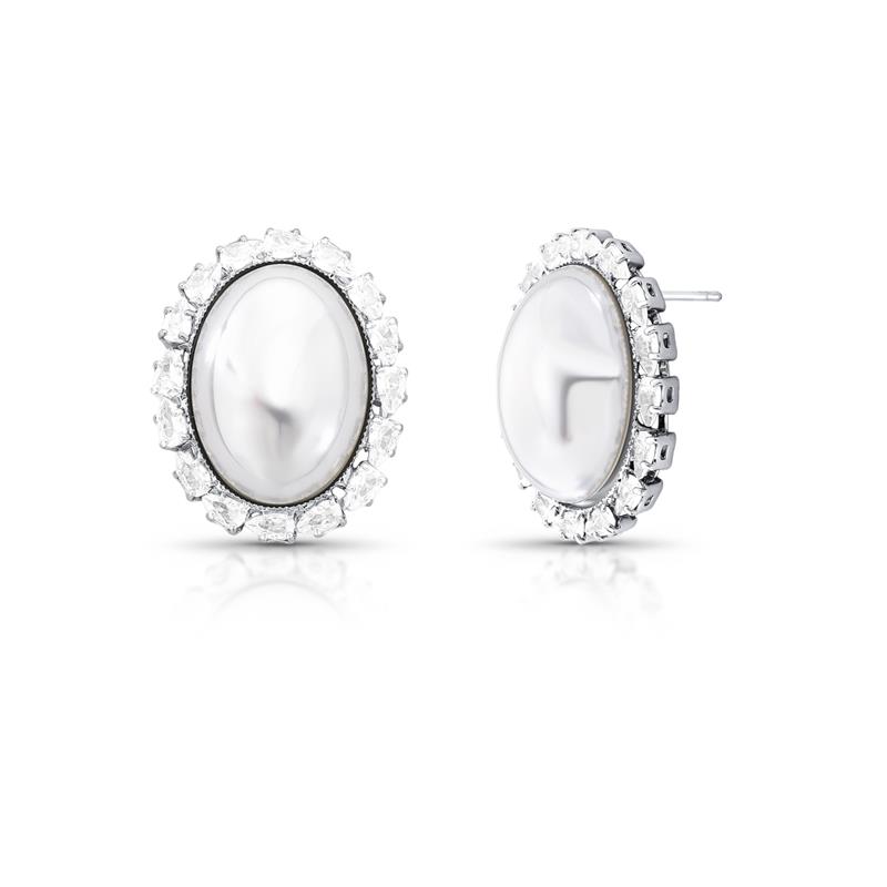 Brinco Oval de Pérola com Cristais e Pino em Prata Lisa 925