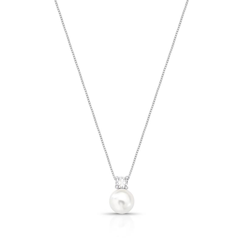 Colar com Pingente de Cristal Redondo e Pérola Shell Prateado