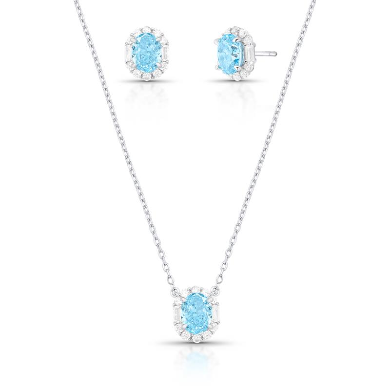 Conjunto Brinco e Colar com Cristal Oval Prata Rodinada Prateado