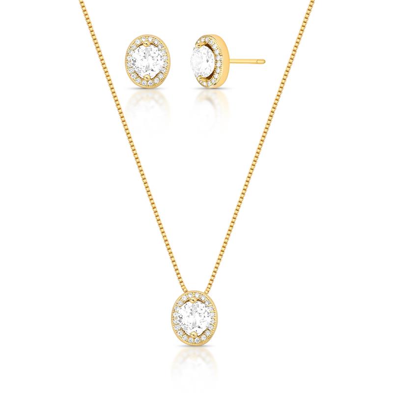 Conjunto Brinco e Colar com Cristal Redondo e Zircônias