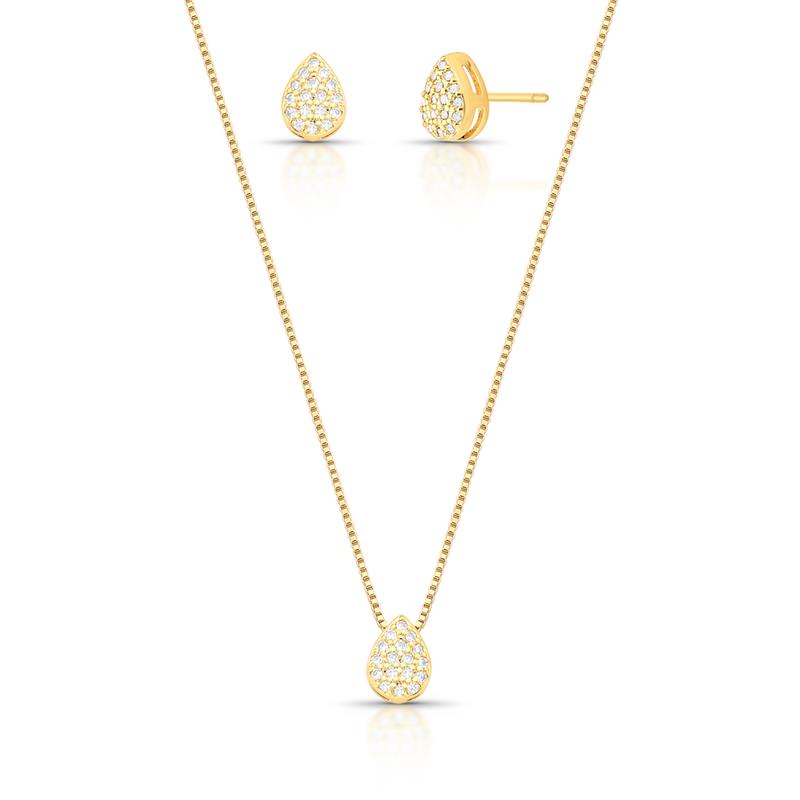 Conjunto Brinco e Colar com Pingente de Gota Cravejado