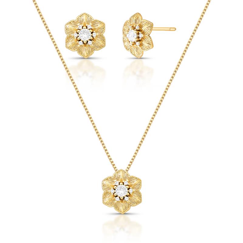 Conjunto Brinco e Colar de Flor em Cristal e Zircônias