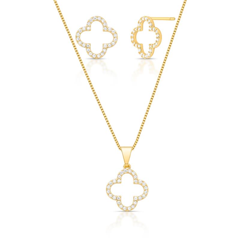Conjunto Brinco e Colar de Flor Vazada com Zircônias