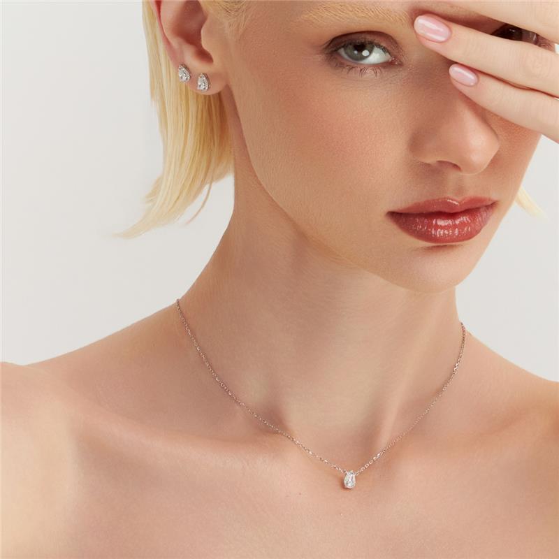 Conjunto Brinco e Colar de Gota com Cristal Prata Rodinada Prateado - Imagem 2