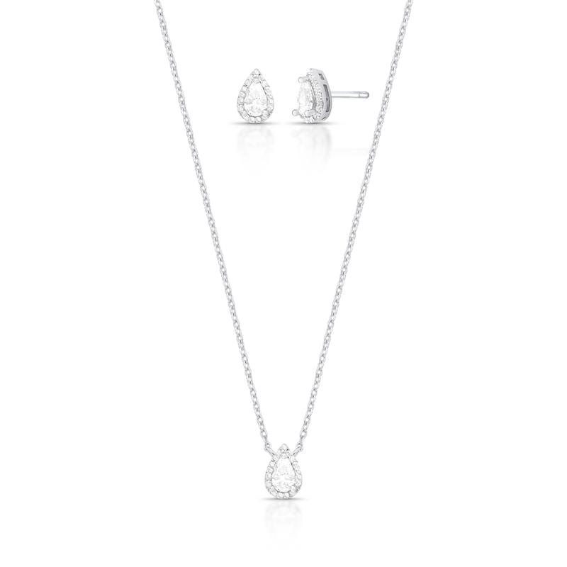Conjunto Brinco e Colar de Gota com Cristal Prata Rodinada Prateado