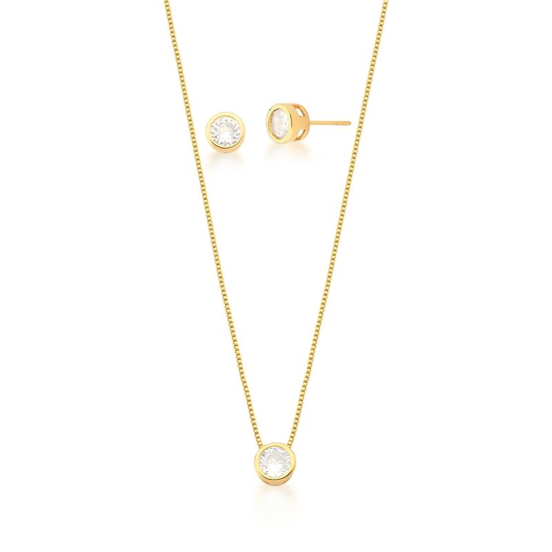 Conjunto Brinco e Corrente com Pingente Redondo Banhado a Ouro