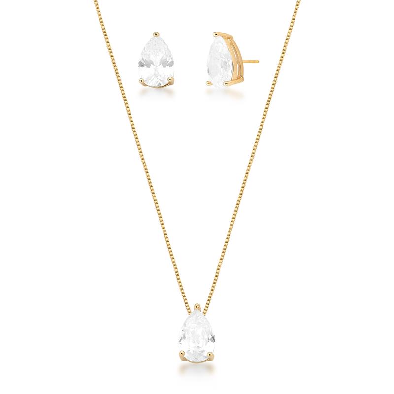 Conjunto Colar e Brinco com Cristal Gota Banhado a Ouro