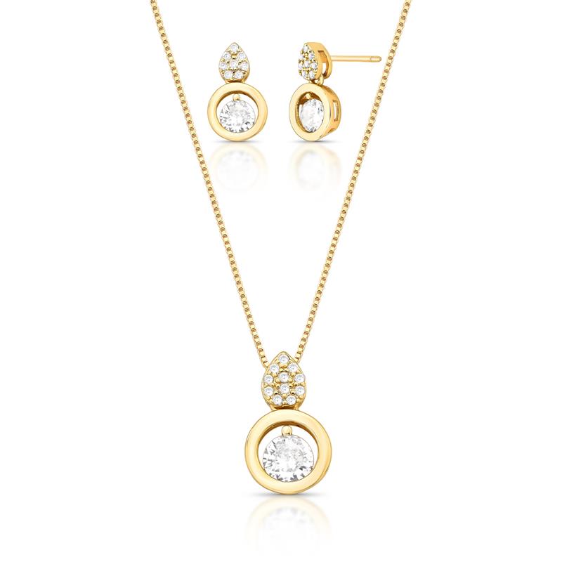 Conjunto de Brinco e Colar com Gotas em Zircônias e Cristais