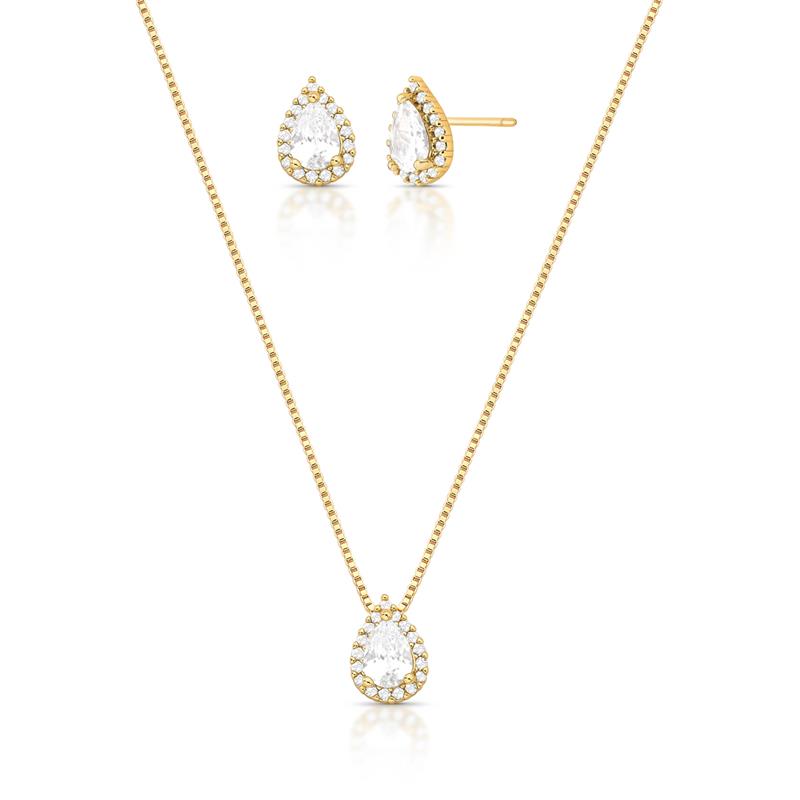 Conjunto de Brinco e Colar de Gota em Cristail e Zircônias