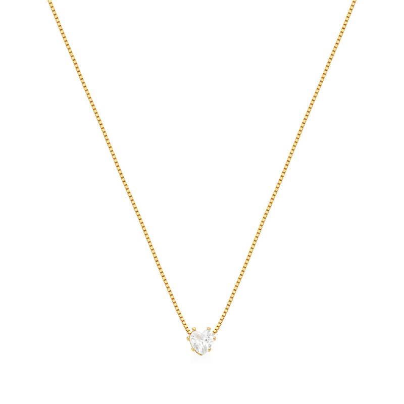 Corrente com Pingente Cristal de Coração Branco Banhada a Ouro