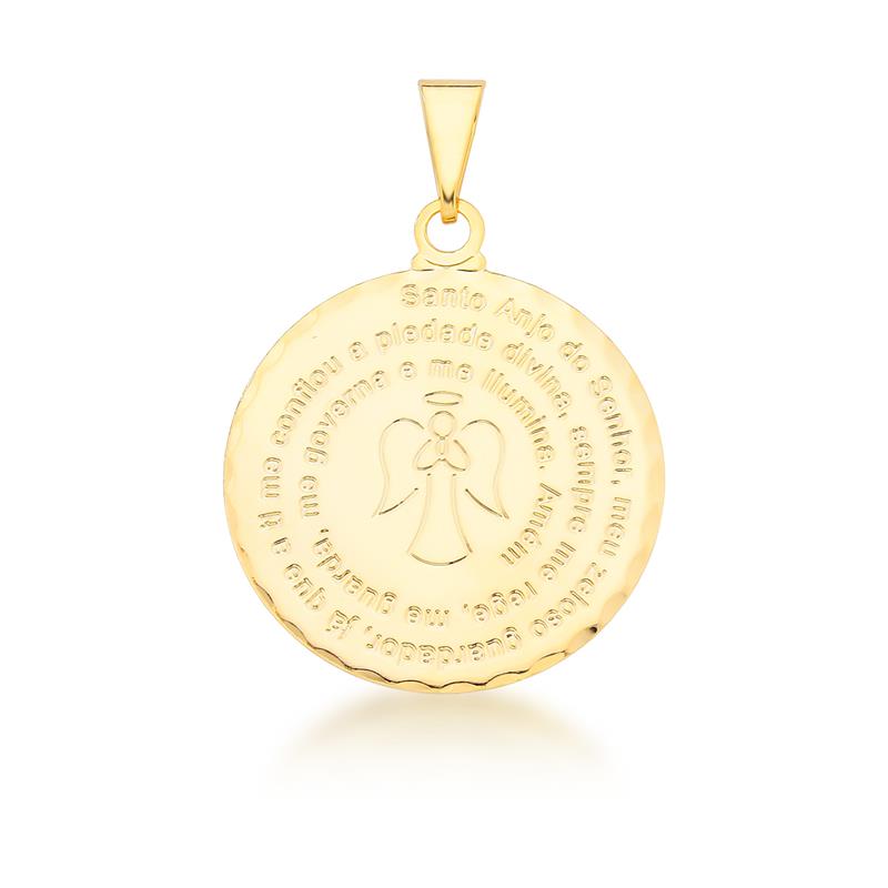 Pingente Redondo Liso com Oração Santo Anjo Banhado a Ouro