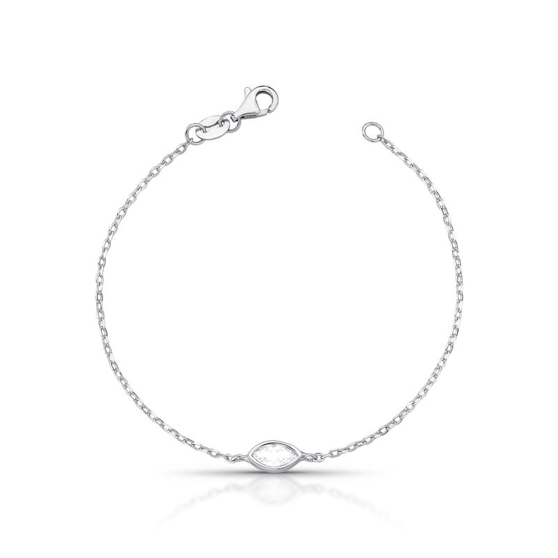 Pulseira com Cristal em Navete Prata Rodinada Prateado
