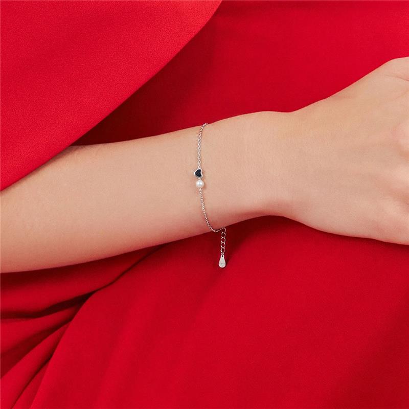 Pulseira com Pérola Shell e Coração Liso Prata Rodinada Prateado - Imagem 2