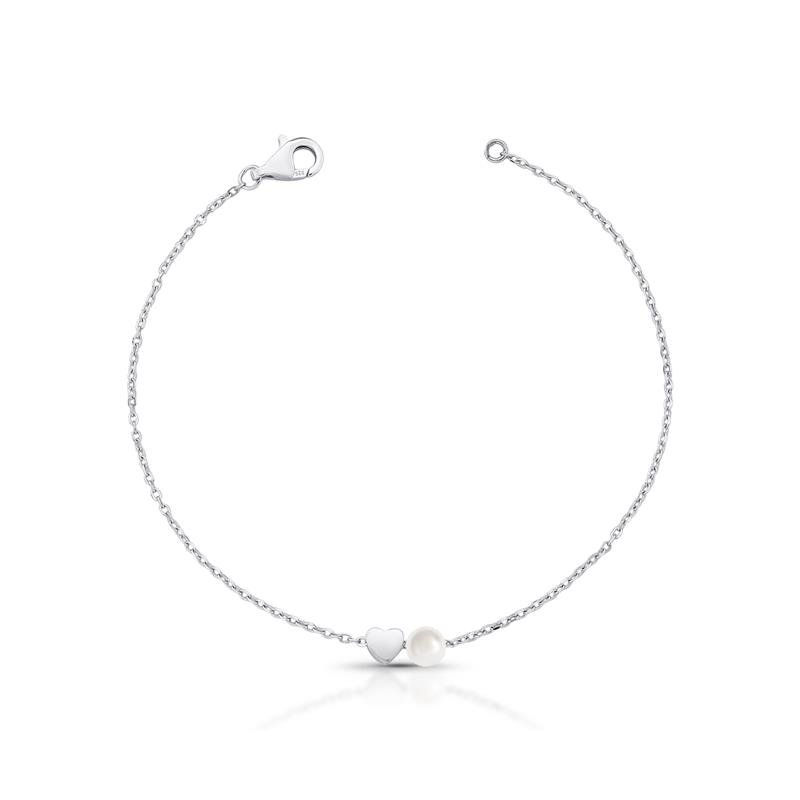 Pulseira com Pérola Shell e Coração Liso Prata Rodinada Prateado
