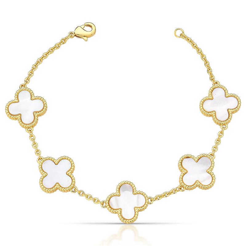 Pulseira de Trevo em Madreperola Trabalhada Banhada a Ouro